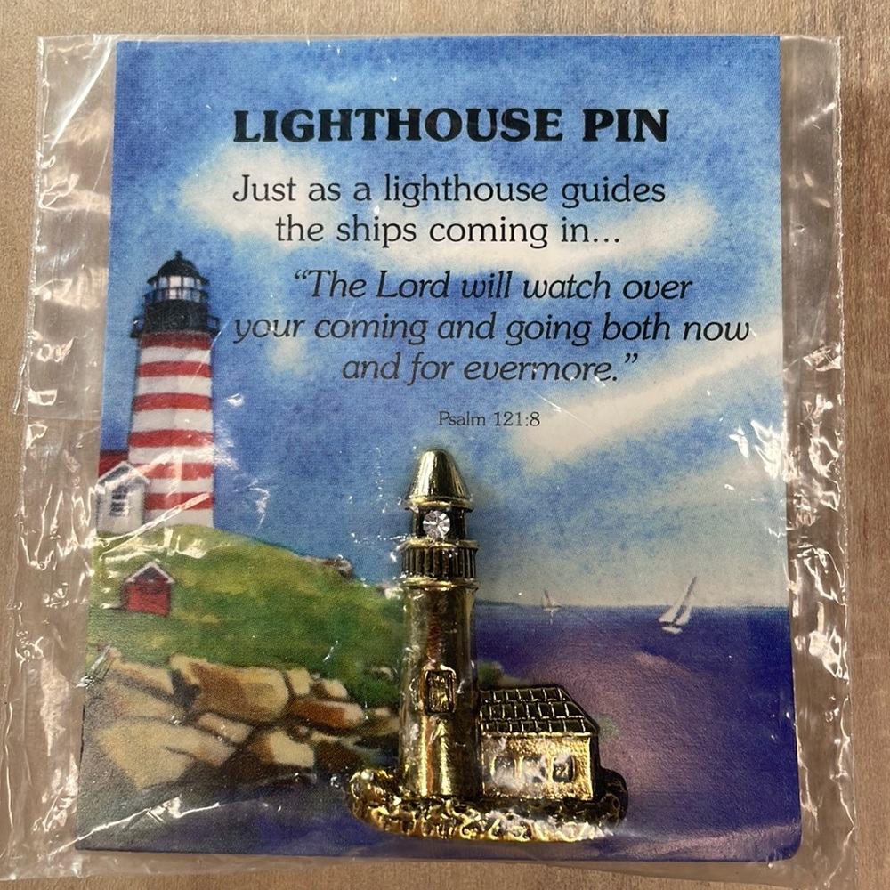 Vintage Unopened Beautiful Lighthouse Rhinestone Gold Tone Pin